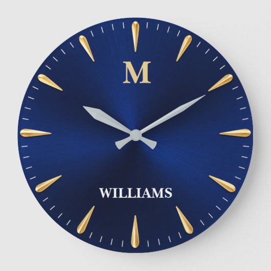 Luxury Midnight Blue Modern Minimalist Blue & Gold ラージ壁時計 (正面)