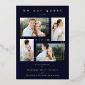 Luxury Modern 4 Photos Collage Navy Blue 箔招待状 (正面)