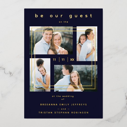 Luxury Modern 4 Photos Collage Navy Blue 箔招待状 (正面)