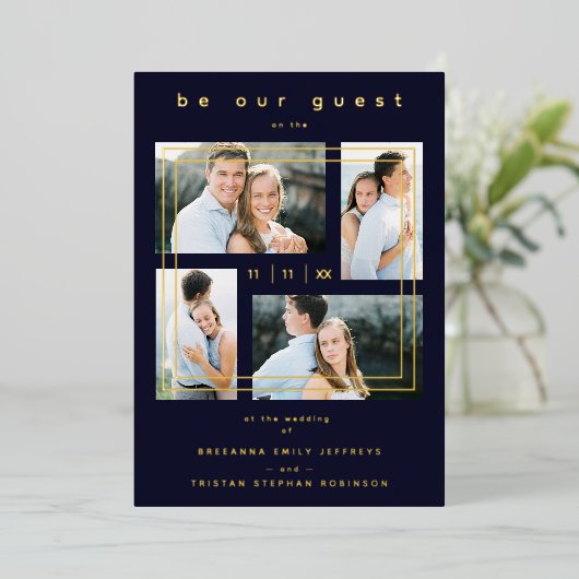 Luxury Modern 4 Photos Collage Navy Blue 箔招待状 (立ち正面)