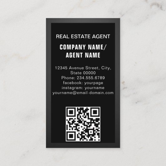 Luxury Modern add Photo Real Estate Agent Black 名刺 (裏面)