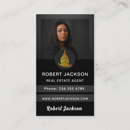 Luxury Modern add Photo Real Estate Agent Black 名刺 (正面)