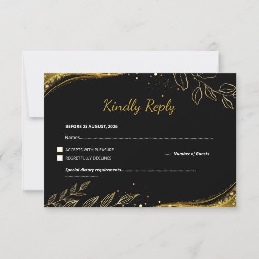 Luxury Modern Black Gold Floral Wedding 出欠カード (正面)