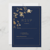 Luxury modern gold floral navy blue RSVP 招待状 (正面)