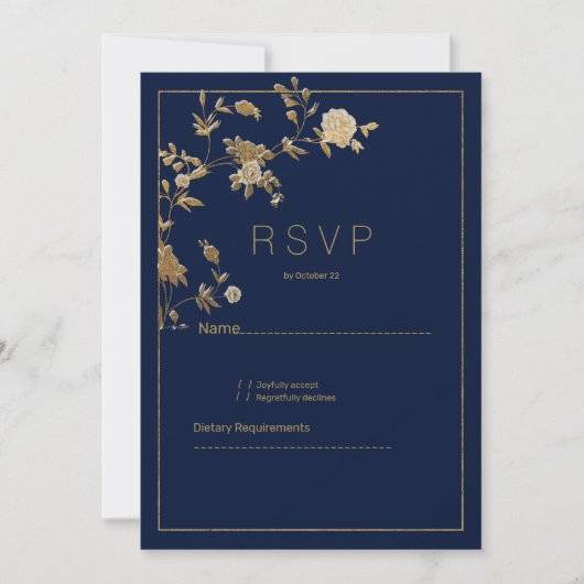 Luxury modern gold floral navy blue RSVP 招待状 (正面)