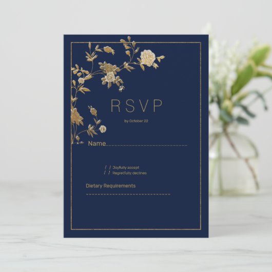 Luxury modern gold floral navy blue RSVP 招待状 (スタンド正面)