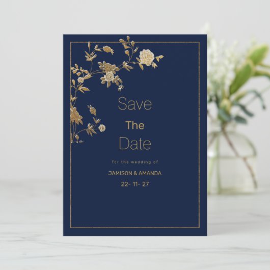 Luxury modern gold floral navy blue Save The Date 招待状 (スタンド正面)