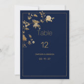 Luxury modern gold floral navy blue Table Numbers 招待状 (正面)