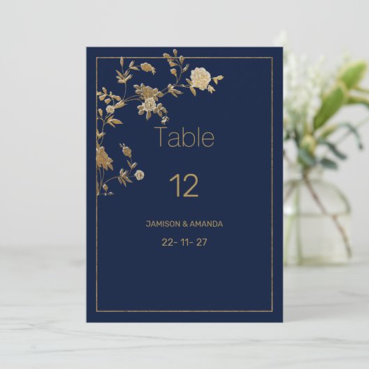 Luxury modern gold floral navy blue Table Numbers 招待状 (スタンド正面)