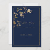 Luxury modern gold floral navy blue Thank You 招待状 (正面)