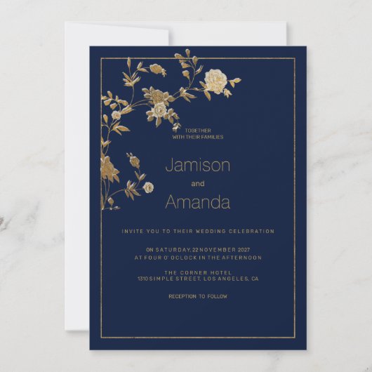 Luxury modern gold floral navy blue Wedding 招待状 (正面)