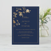 Luxury modern gold floral navy blue Wedding 招待状 (スタンド正面)
