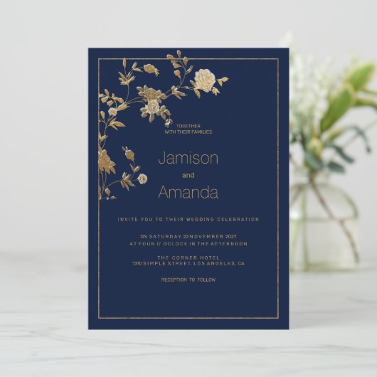 Luxury modern gold floral navy blue Wedding 招待状 (スタンド正面)
