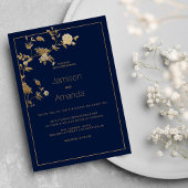 Luxury modern gold floral navy blue Wedding 招待状