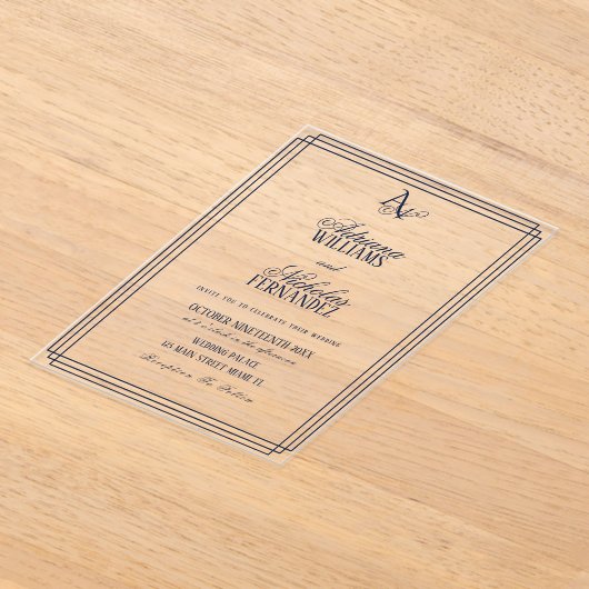 Luxury Monogram Blue Wedding アクリル招待状 (レイダウン)