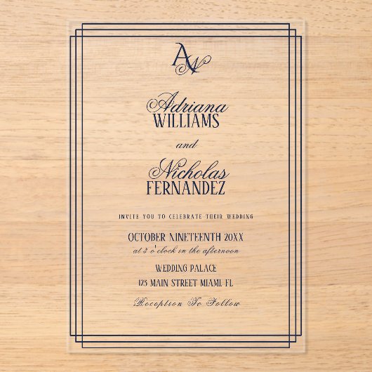 Luxury Monogram Blue Wedding アクリル招待状 (正面)