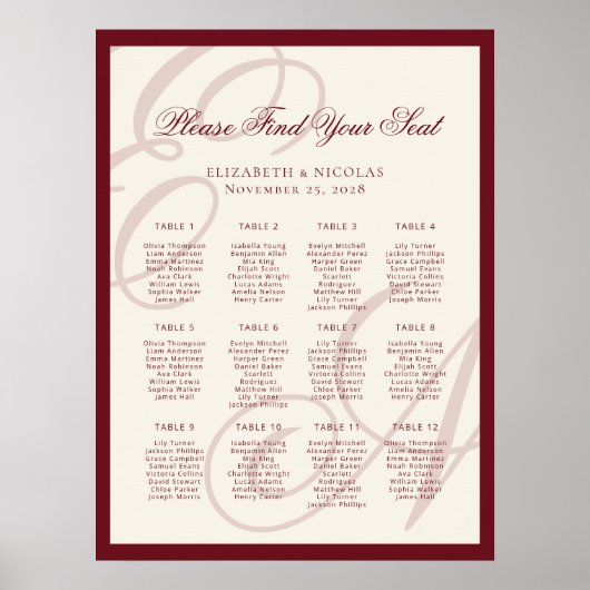 Luxury Monogram Calligraphy Wedding Seating Chart ポスター (正面)