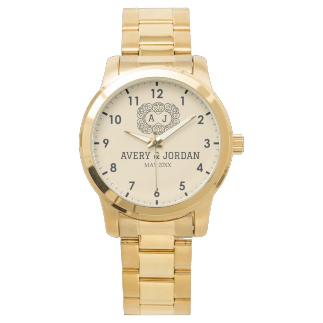 Luxury monogram cream couple names initials 腕時計 (正面)