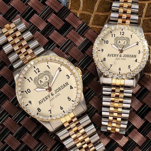 Luxury monogram cream couple names initials  腕時計 (クリエイターアップロード済み)
