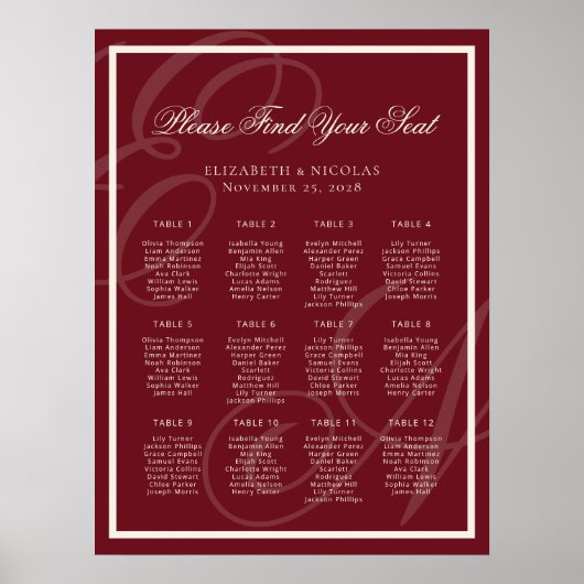 Luxury Monogram Deep Red Wedding Seating Chart ポスター (正面)
