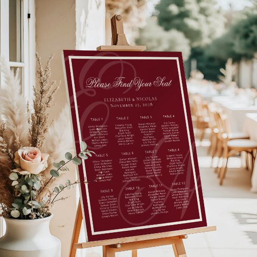 Luxury Monogram Deep Red Wedding Seating Chart ポスター