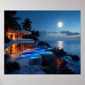 Luxury Moonlit Villa – Modern Ocean Night Aestheti ポスター (正面)