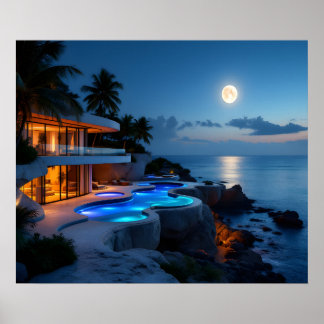 Luxury Moonlit Villa – Modern Ocean Night Aestheti ポスター