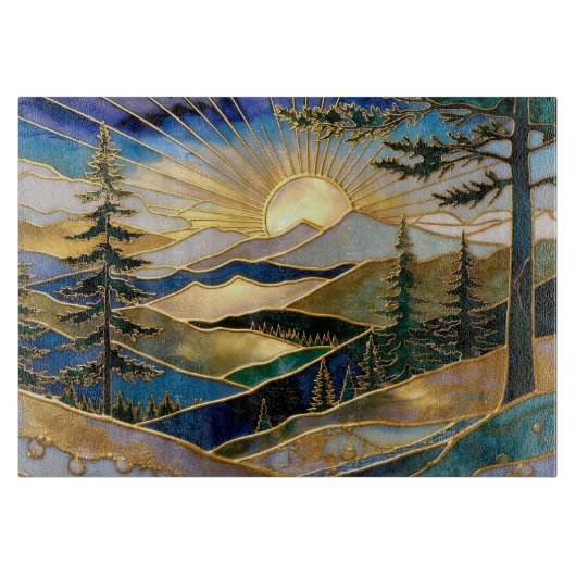 Luxury Mountain Sunrise Glass Cutting Board カッティングボード (正面)