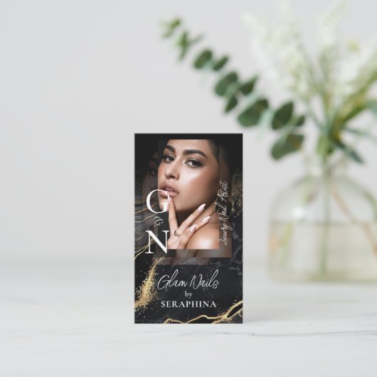 Luxury Nail Technician Artist Black Gold Agate 名刺 (スタンド正面)