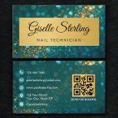 Luxury Nail Technician Gold Teal Glitter QR Code 名刺