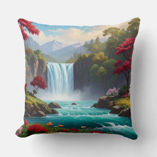 Luxury Nature Waterfall Throw Pillow -Scenic décor クッション (正面)