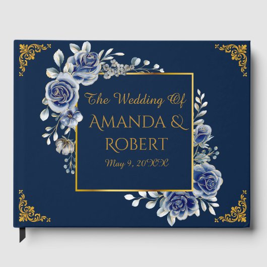 Luxury Navy and Gold Floral Wedding Guest Book  ゲストブック (正面)
