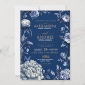Luxury Navy Blue and Gold Elegant Floral Chinoiser 招待状 (正面)