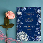 Luxury Navy Blue and Gold Elegant Floral Chinoiser 招待状