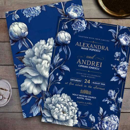 Luxury Navy Blue and Gold Elegant Floral Chinoiser 招待状
