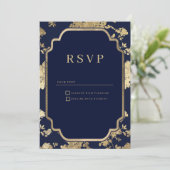 Luxury navy blue and gold floral RSVP 招待状 (スタンド正面)