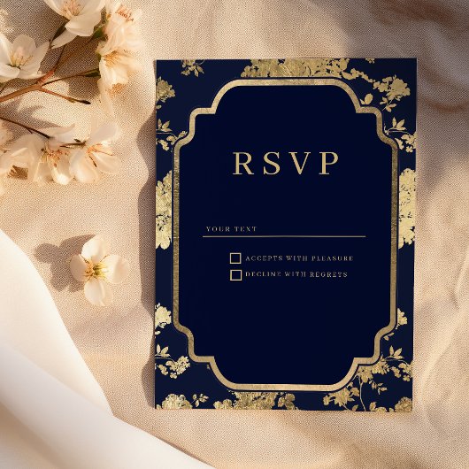 Luxury navy blue and gold floral RSVP 招待状