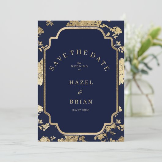Luxury navy blue and gold floral Save the Date 招待状 (スタンド正面)