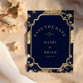 Luxury navy blue and gold floral Save the Date 招待状
