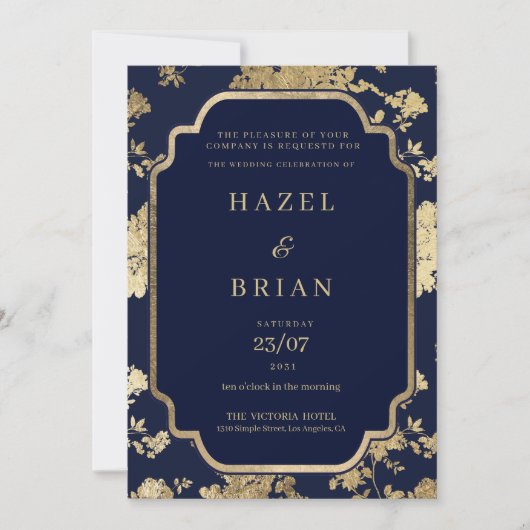 Luxury navy blue and gold floral Wedding 招待状 (正面)