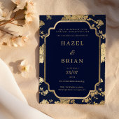 Luxury navy blue and gold floral Wedding 招待状