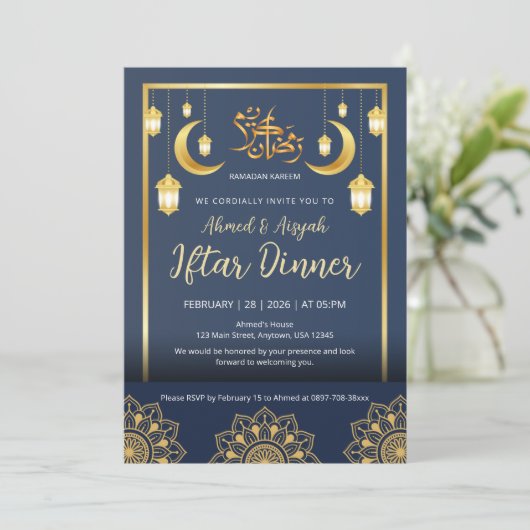 Luxury Navy Blue and Gold Mandala Iftar Dinner 招待状 (スタンド正面)