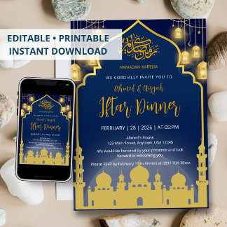Luxury Navy Blue and Gold Mosque Iftar Dinner 招待状