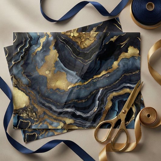 Luxury Navy Blue Black Faux Gold Marble Agate 薄葉紙
