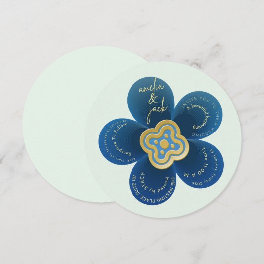 Luxury Navy Blue Floral Wedding Invitation - Custo 招待状 (正面/裏面)