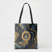 Luxury Navy Blue & Gold Agate Marble Monogram トートバッグ (正面)