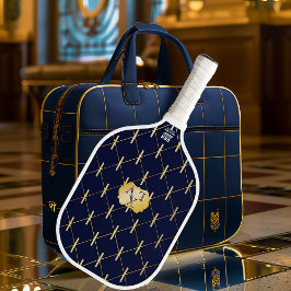 Luxury Navy Blue & Gold Lattice Monogram ピックルボールラケット