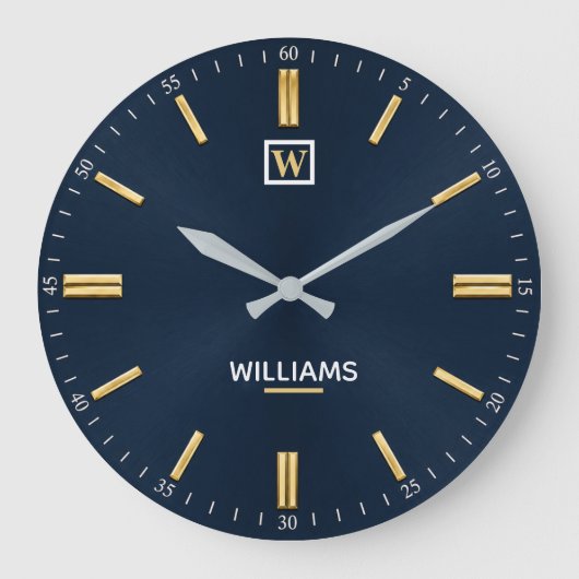 Luxury Navy Blue & Gold Minimalist ラージ壁時計 (正面)