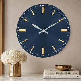 Luxury Navy Blue & Gold Minimalist ラージ壁時計