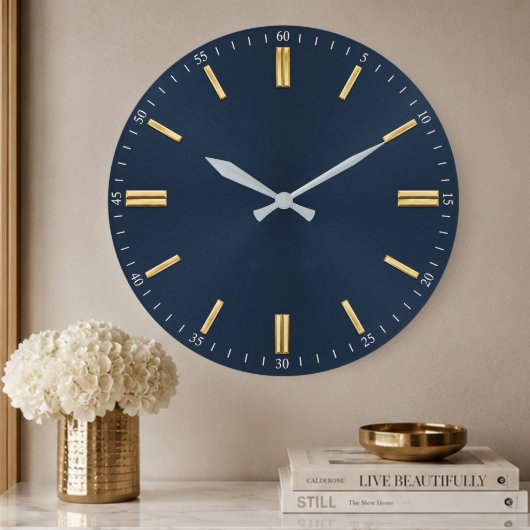 Luxury Navy Blue & Gold Minimalist ラージ壁時計